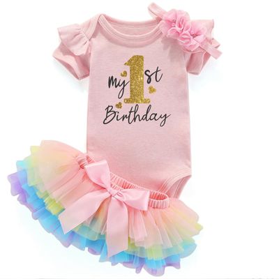 Acwssit My 1St Birthday Girl Outfit Tutu For Baby Girl Happy First Birthday Outfits Baby Clothes Pink Bodysuit Rainbow Skirt 12 Months