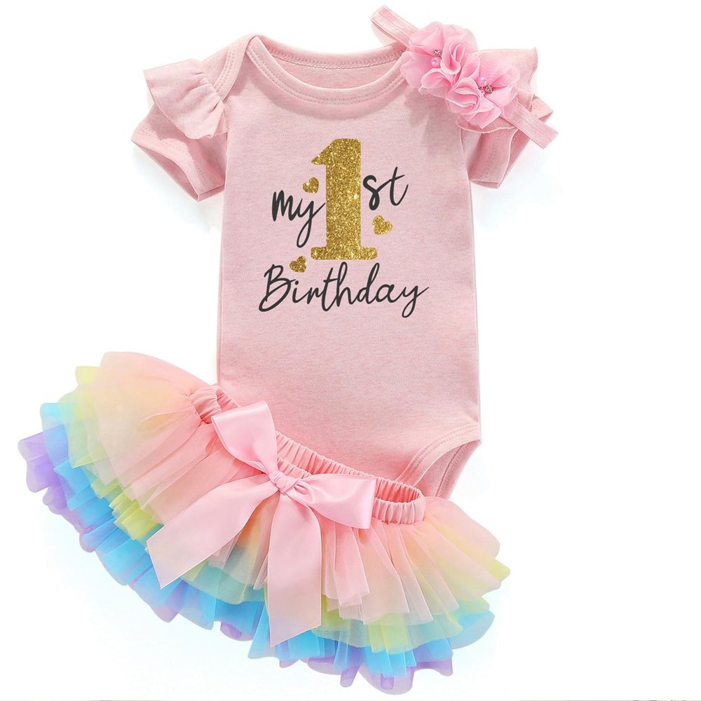 Acwssit My 1St Birthday Girl Outfit Tutu For Baby Girl Happy First Birthday Outfits Baby Clothes Pink Bodysuit Rainbow Skirt 12 Months