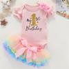 Acwssit My 1St Birthday Girl Outfit Tutu For Baby Girl Happy First Birthday Outfits Baby Clothes Pink Bodysuit Rainbow Skirt 12 Months view 2