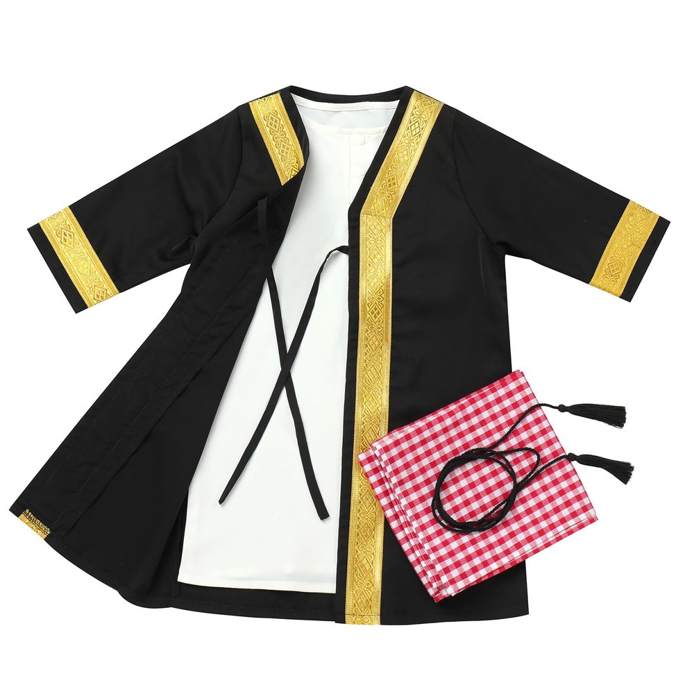 ABEWIP Newborn Baby Boy Muslim Abaya Sets Outfits Black Gold Kaftan White T Shirt Red Turban Arabic Dubai Outfits Black 6-12m