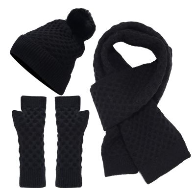 Womens Winter Knit Warm Hat Beanie Long Scarf Touchscreen Gloves Set Caps Neck Scarves Gift Set for Women (Black, One Size)