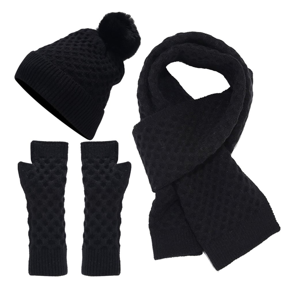 Womens Winter Knit Warm Hat Beanie Long Scarf Touchscreen Gloves Set Caps Neck Scarves Gift Set for Women (Black, One Size)