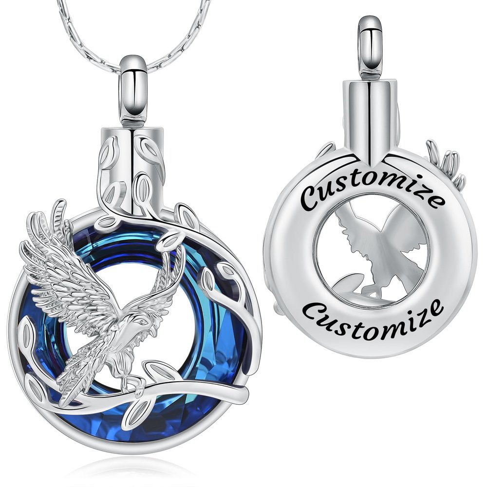 constantlife Eagle Cremation Jewelry Urn Necklace for Ashes Stainless Steel Crystal Circle Memorial Pendant Loss Human Pet Eternity Keepsake Gift for Women Men (Customize)