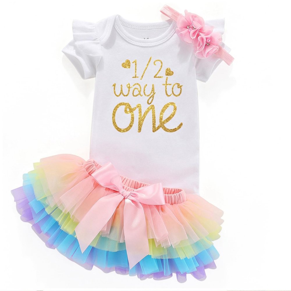 Acwssit Half Way To One Birthday 6 Month Birthday Baby Girl Outfit Half Year Tutu Clothes White Bodysuit Rainbow Skirt 6 Months