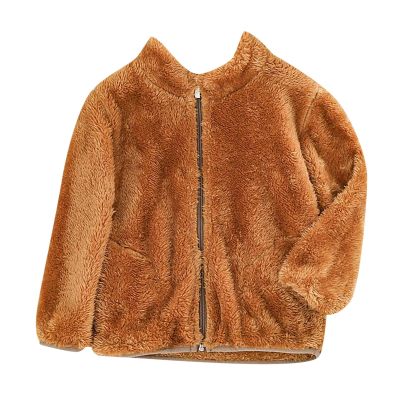 AMIMOJY Little/Big Kids Boys And Girls Fall Long Sleeved Solid Color Short Pile Coral Fleece Jacket Daily (Brown-2, 5-6 Years)