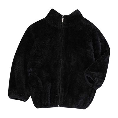 AMIMOJY Little/Big Kids Boys And Girls Fall Long Sleeved Solid Color Short Pile Coral Fleece Jacket Daily (Black-2, 3-4 Years)