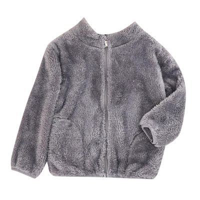 AMIMOJY Little/Big Kids Boys And Girls Fall Long Sleeved Solid Color Short Pile Coral Fleece Jacket Daily (Grey-2, 3-4 Years)