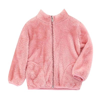 AMIMOJY Little/Big Kids Boys And Girls Fall Long Sleeved Solid Color Short Pile Coral Fleece Jacket Daily (Pink-2, 4-5 Years)