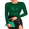 Allchic Glitter Sheer Mesh Tops for Women Long Sleeve Blouses Club T Shirts - Green, S view 4
