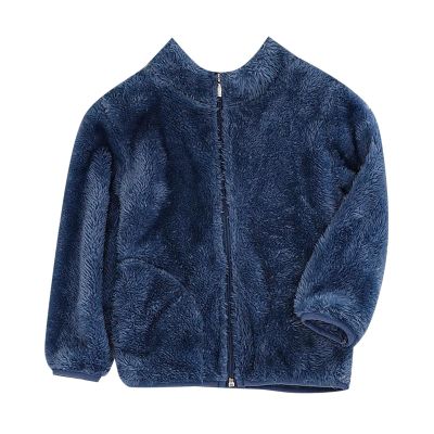 AMIMOJY Little/Big Kids Boys And Girls Fall Long Sleeved Solid Color Short Pile Coral Fleece Jacket Daily (Blue-2, 9-10 Years)