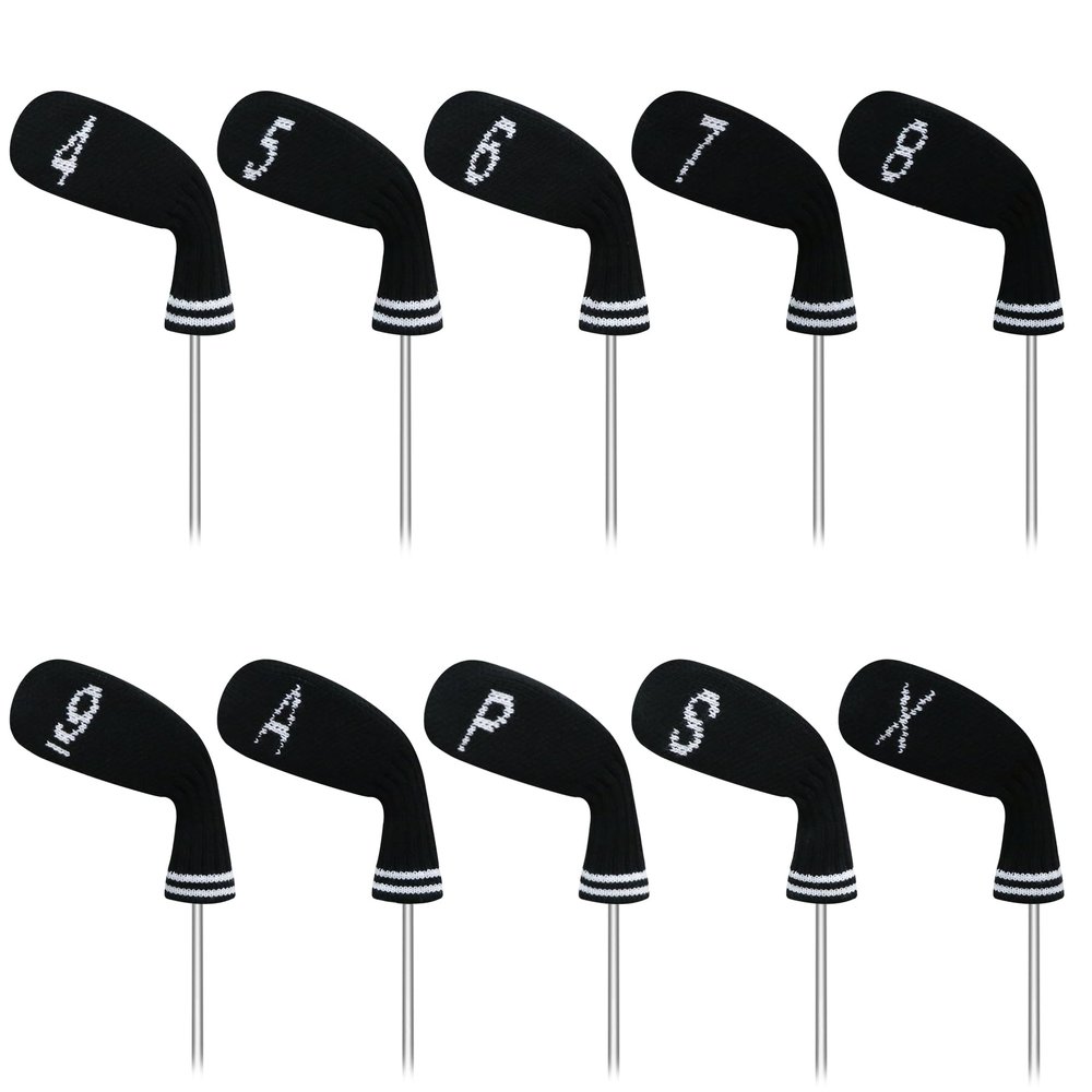 LeFeng 10 Pieces 4-9/A/P/S/X Knitted Golf Iron Head Covers Set Lightweight and Durable Material Multiple Patterns Golf Club Head Covers (Black)