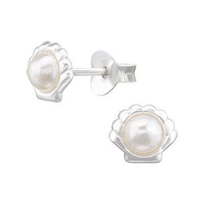 925 Sterling Silver Shells with Sythetic Pearls Stud Earrings, Sold as a Pair (Silver)