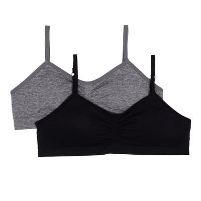 Maidenform Girls Seamless Ruched Crop Bra, 2-Pack, Black/H Grey, Small