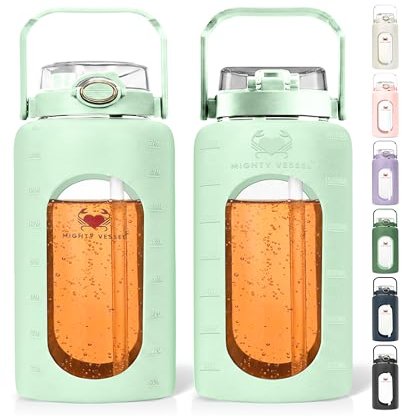 MIGHTY VESSEL 64 oz Glass Water Bottle with Straw Time Marker Half Gallon Motivational Tracker Bottles Large 2 Liter Drinking Jugs Big 2l Jug with Measurements Light Green