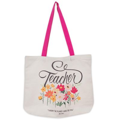 Christian Art Gifts Inspirational Scripture Tote Bag for Teachers: I Know the Plans Encouraging Bible Verse for Women, Teaching Materials, Canvas Accessory, Pink & Orange Floral, 16.5" x 12.8"