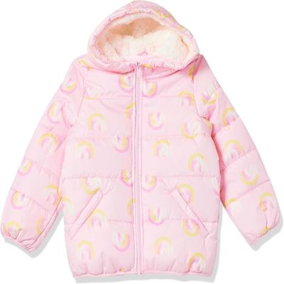 Carter's Girls' Winter Coat Puffer Jacket with Sherpa Lined Hood, Pink Rainbows, 3T