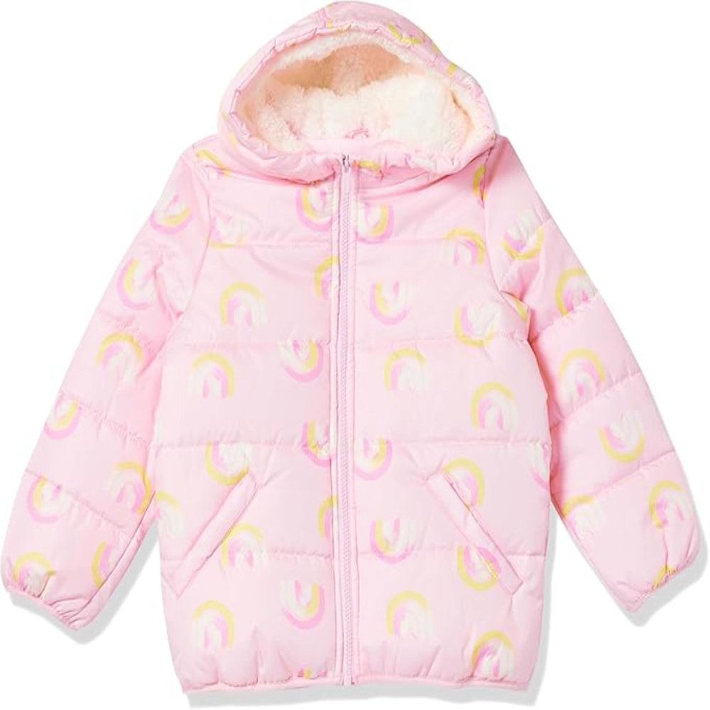 Carter's Girls' Winter Coat Puffer Jacket with Sherpa Lined Hood, Pink Rainbows, 3T