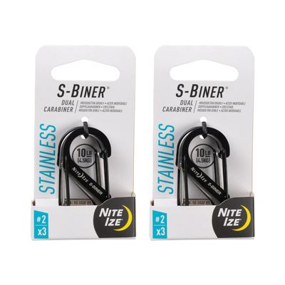 Nite Ize S-Biner Stainless Steel Dual Carabiner - Multi Purpose Dual Carabiner Clip - Great for Camping Supplies & Hiking Essentials - Secure Key Holder - Size 2, Black/Stainless Steel (2 Pack)