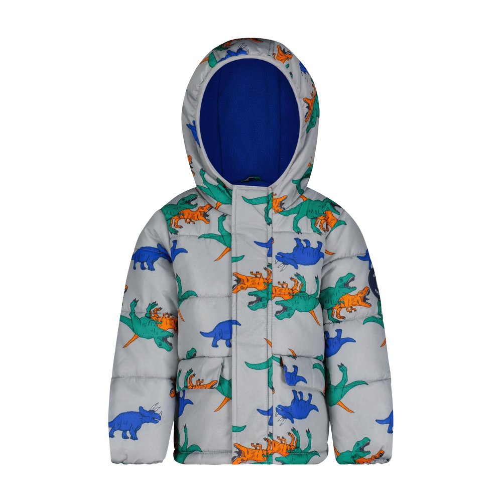 Carter's Boys Heavyweight Winter Puffer Jacket, Warm, Hooded Winter Coat, Grey With Dinosaurs, Size 7