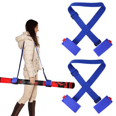 BOXOB 2 Pairs Ski Fastener Tapes, Adjustable Ski Boot Straps with Protector Pads Ski Carrier Straps Ski Wraps Ties Gear Storage for Ski Poles Boards Carrying Outdoor Winter Sports Accessories (Blue)