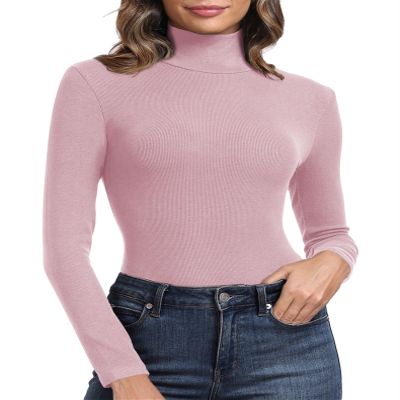 PALINDA Women's Ribbed Turtleneck Fitted Long Sleeve Shirts Basic Thermal Layering Tops(Pink M)
