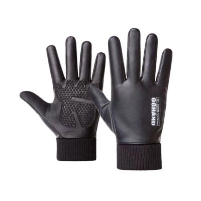 Leather Gloves Men and Women Winter Warm Gloves Padded Touch Screen Non-Slip Riding Student Pu Gloves, Black A Pair of