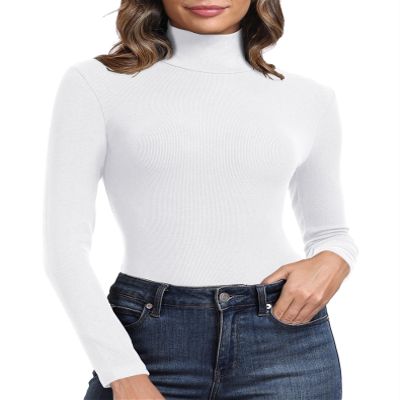 PALINDA Women's Ribbed Turtleneck Fitted Long Sleeve Shirts Basic Thermal Layering Tops(White XL)