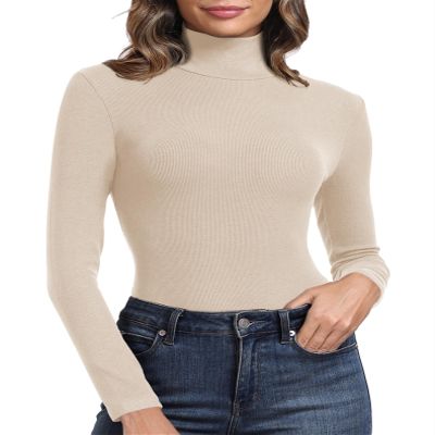 PALINDA Women's Ribbed Turtleneck Fitted Long Sleeve Shirts Basic Thermal Layering Tops(Beige S)