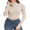 PALINDA Women's Ribbed Turtleneck Fitted Long Sleeve Shirts Basic Thermal Layering Tops(Beige S) view 3