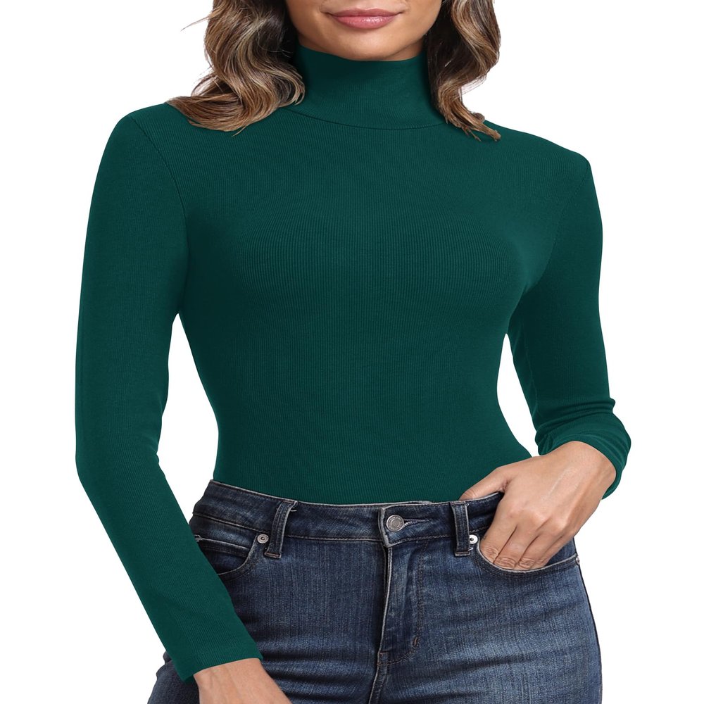 PALINDA Women's Ribbed Turtleneck Fitted Long Sleeve Shirts Basic Thermal Layering Tops(Dark Green XL)