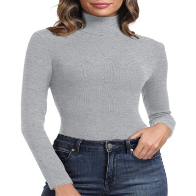 PALINDA Women's Ribbed Turtleneck Fitted Long Sleeve Shirts Basic Thermal Layering Tops(Heather Grey S)