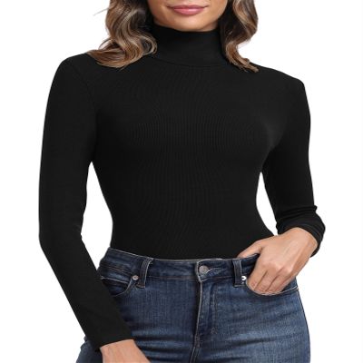 PALINDA Women's Ribbed Turtleneck Fitted Long Sleeve Shirts Basic Thermal Layering Tops Black M