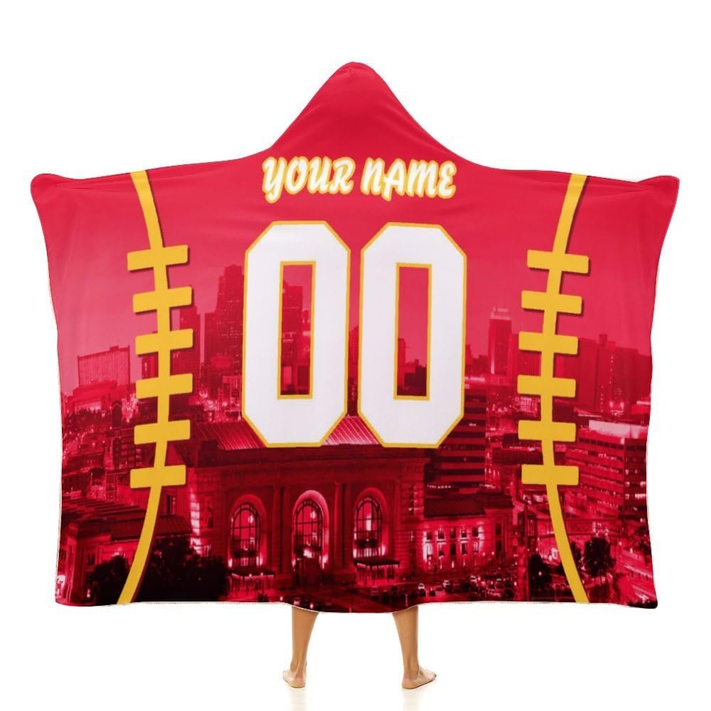 Unickque7 Custom Football City Night Skyline Hooded Blankets Personalized with Name Wearable Flannel Blankets Gifts 50" x 40",60" x 50",80" x 60"