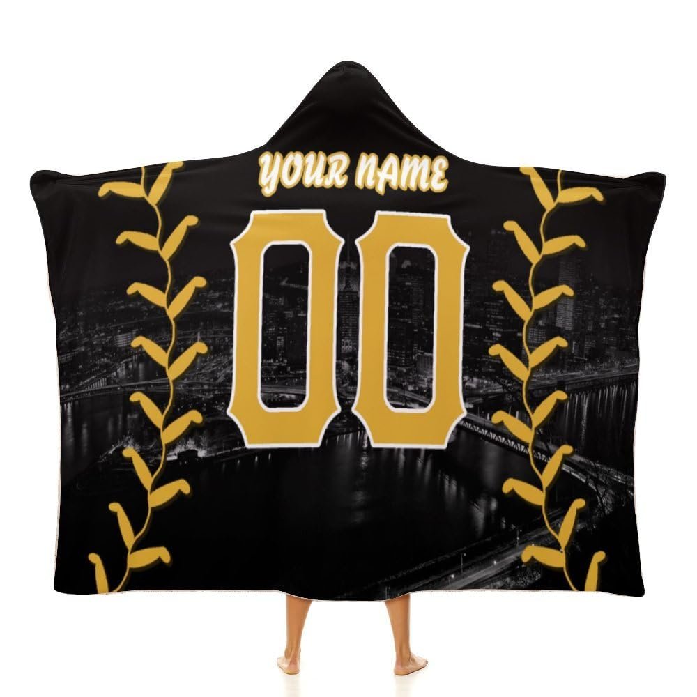 Unickque7 Custom Baseball City Night Skyline Hooded Blankets Personalized with Name Wearable Flannel Blankets Gifts 50" x 40",60" x 50",80" x 60"