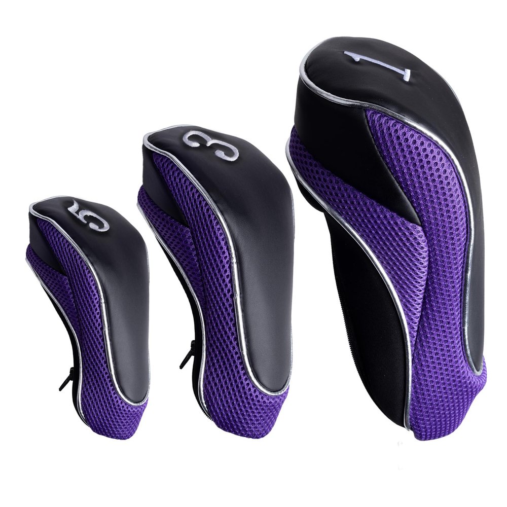Andux Golf 460cc Driver Fairway Wood Head Covers with Zipper Closure Set of 3 (Black/Purple)