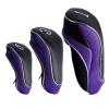 Andux Golf 460cc Driver Fairway Wood Head Covers with Zipper Closure Set of 3 (Black/Purple)