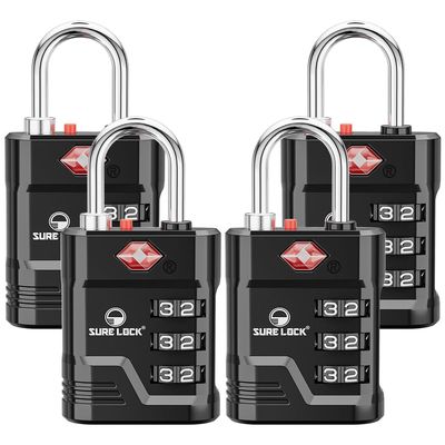 SURE LOCK TSA Approved Luggage Lock 3-Digit Resettable Combination Padlock with Open Alert Red Dot, Large Easy-Read Dials for Suitcases, Backpacks, Gym & School Lockers (Black 4 pk)