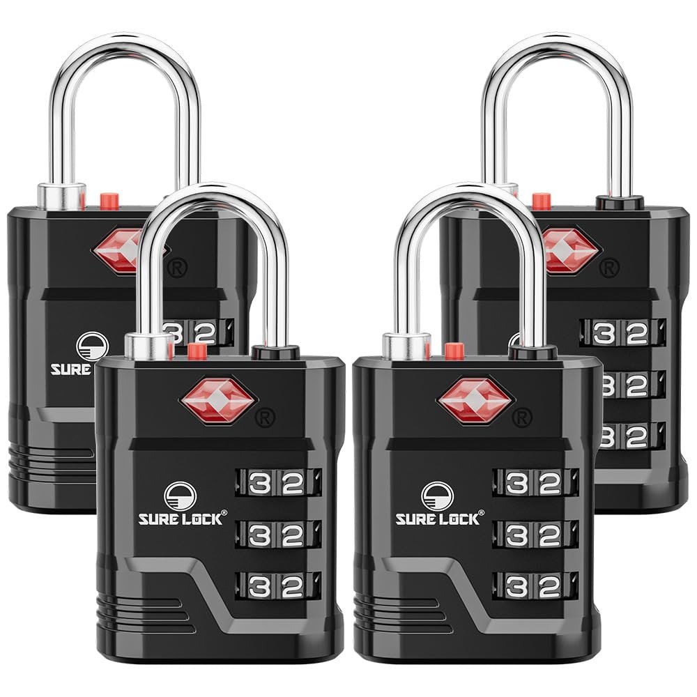 SURE LOCK TSA Approved Luggage Lock 3-Digit Resettable Combination Padlock with Open Alert Red Dot, Large Easy-Read Dials for Suitcases, Backpacks, Gym & School Lockers (Black 4 pk)
