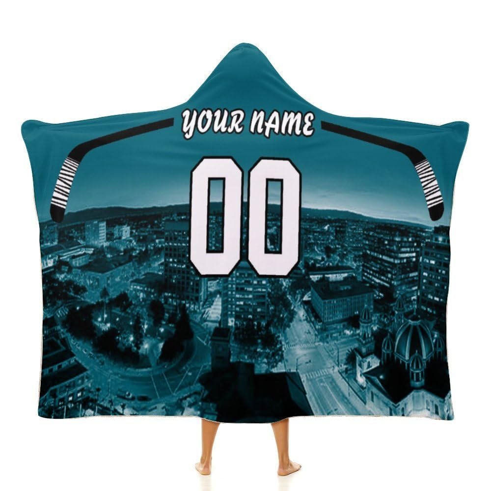 Unickque7 Custom Hockey City Night Skyline Hooded Blankets Personalized with Name Wearable Flannel Blankets Gifts 50" x 40",60" x 50",80" x 60"