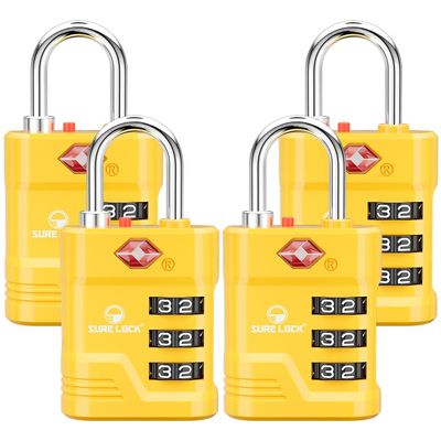 SURE LOCK TSA Approved Luggage Lock 3-Digit Resettable Combination Padlock with Open Alert Red Dot, Large Easy-Read Dials for Suitcases, Backpacks, Gym & School Lockers(Yellow 4 pk)