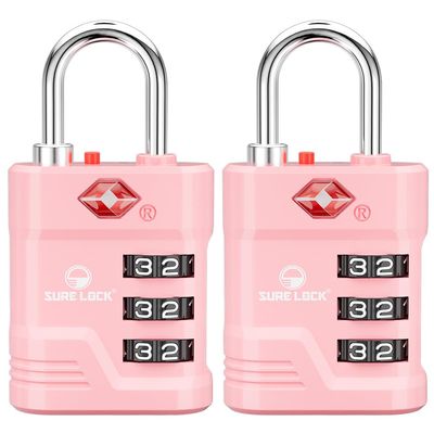 SURE LOCK TSA Approved Luggage Lock 3-Digit Resettable Combination Padlock with Open Alert Red Dot, Large Easy-Read Dials for Suitcases, Backpacks, Gym & School Lockers(Pink 2 pk)