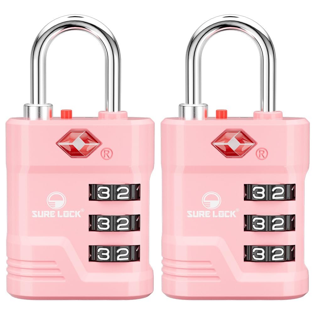 SURE LOCK TSA Approved Luggage Lock 3-Digit Resettable Combination Padlock with Open Alert Red Dot, Large Easy-Read Dials for Suitcases, Backpacks, Gym & School Lockers(Pink 2 pk)
