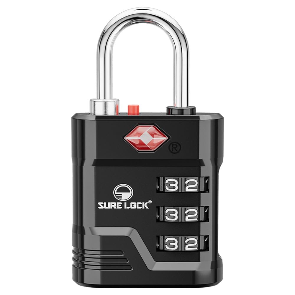 SURE LOCK TSA Approved Luggage Lock 3-Digit Resettable Combination Padlock with Open Alert Red Dot, Large Easy-Read Dials for Suitcases, Backpacks, Gym & School Lockers