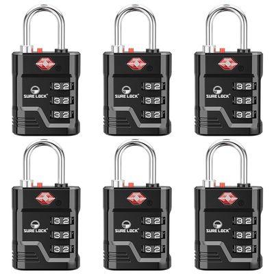 SURE LOCK TSA Approved Luggage Lock  3-Digit Resettable Combination Padlock with Open Alert Red Dot, Large Easy-Read Dials for Suitcases, Backpacks, Gym & School Lockers(Black 6 pk)