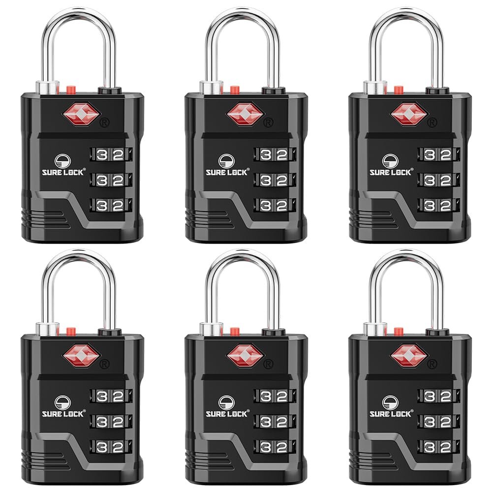 SURE LOCK TSA Approved Luggage Lock  3-Digit Resettable Combination Padlock with Open Alert Red Dot, Large Easy-Read Dials for Suitcases, Backpacks, Gym & School Lockers(Black 6 pk)