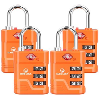 SURE LOCK TSA Approved Luggage Lock 3-Digit Resettable Combination Padlock with Open Alert Red Dot, Large Easy-Read Dials for Suitcases, Backpacks, Gym & School Lockers(Orange 4 pk)