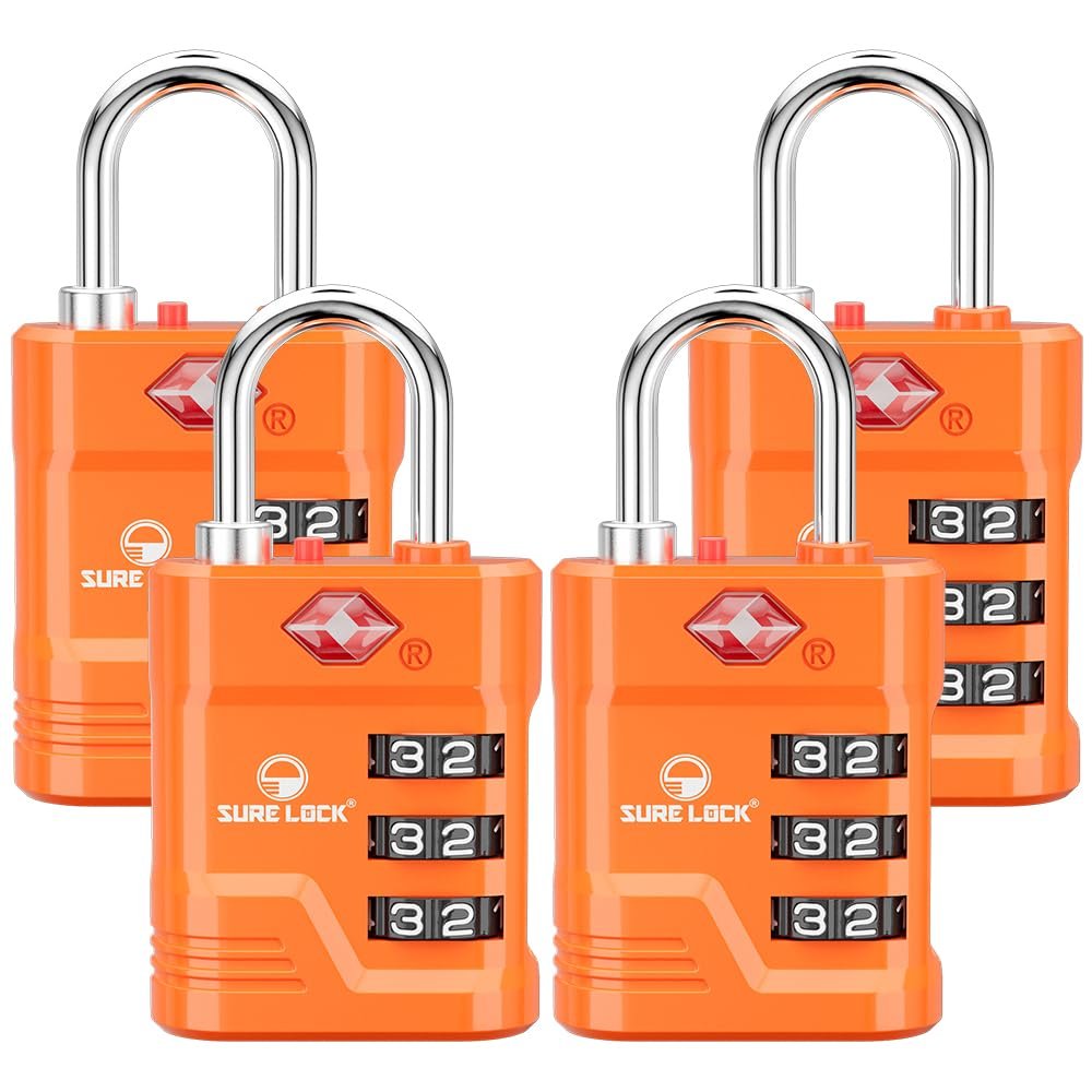 SURE LOCK TSA Approved Luggage Lock 3-Digit Resettable Combination Padlock with Open Alert Red Dot, Large Easy-Read Dials for Suitcases, Backpacks, Gym & School Lockers(Orange 4 pk)