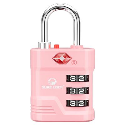 SURE LOCK TSA Approved Luggage Lock 3-Digit Resettable Combination Padlock with Open Alert Red Dot, Large Easy-Read Dials for Suitcases, Backpacks, Gym & School Lockers(Pink 1 pk)