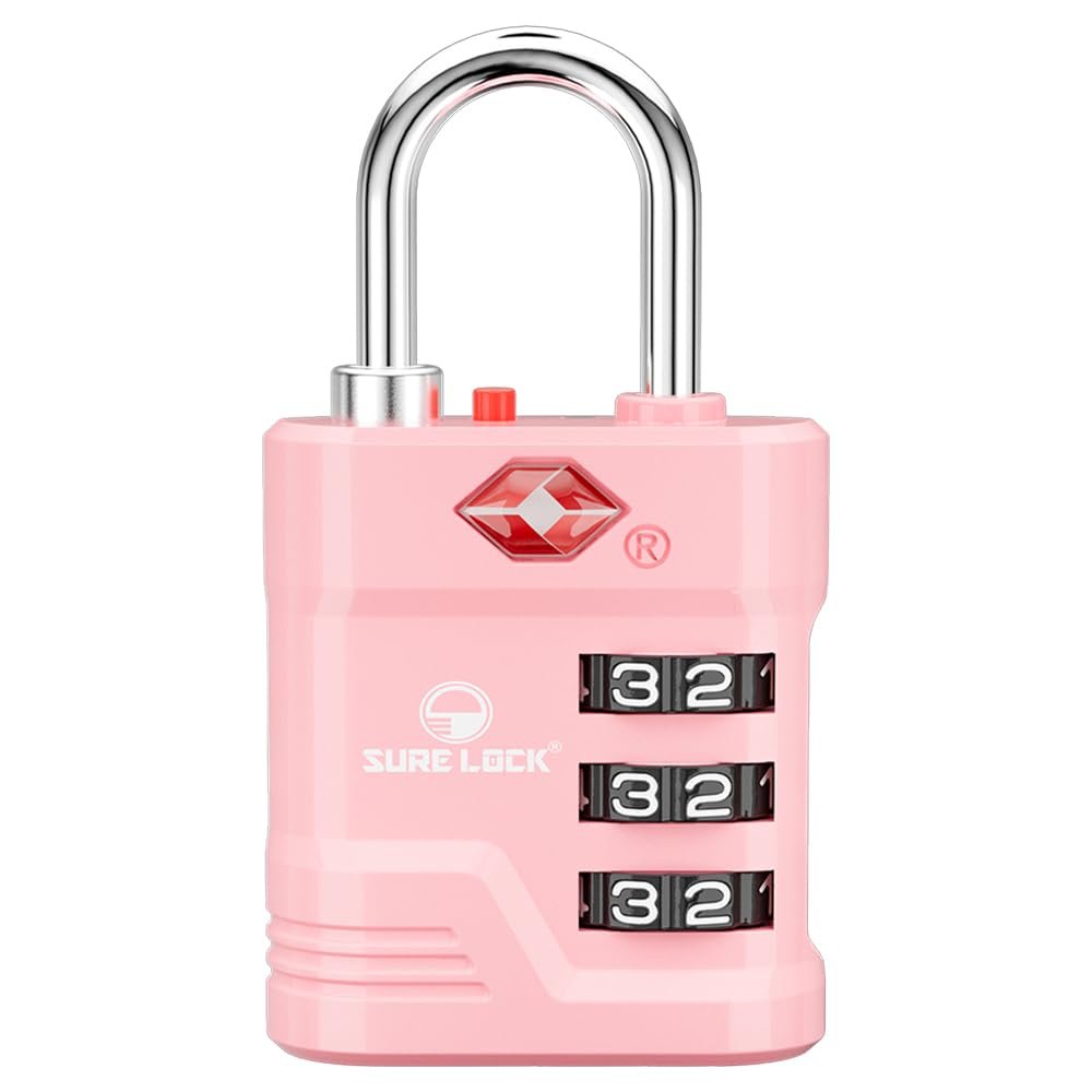 SURE LOCK TSA Approved Luggage Lock 3-Digit Resettable Combination Padlock with Open Alert Red Dot, Large Easy-Read Dials for Suitcases, Backpacks, Gym & School Lockers(Pink 1 pk)