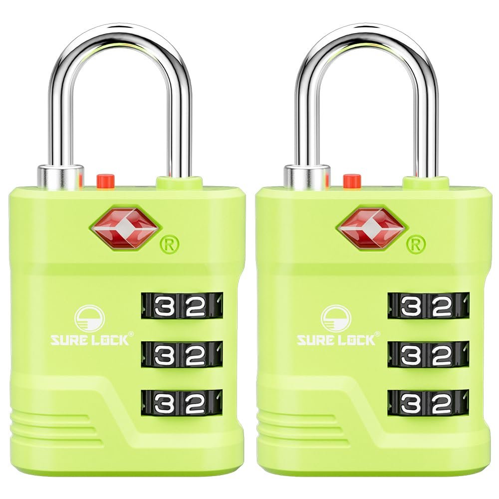 SURE LOCK TSA Approved Luggage Lock  3-Digit Resettable Combination Padlock with Open Alert Red Dot, Large Easy-Read Dials for Suitcases, Backpacks, Gym & School Lockers